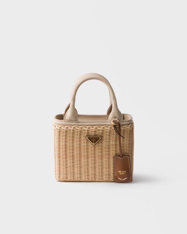 Prada Small wicker and canvas tote bag