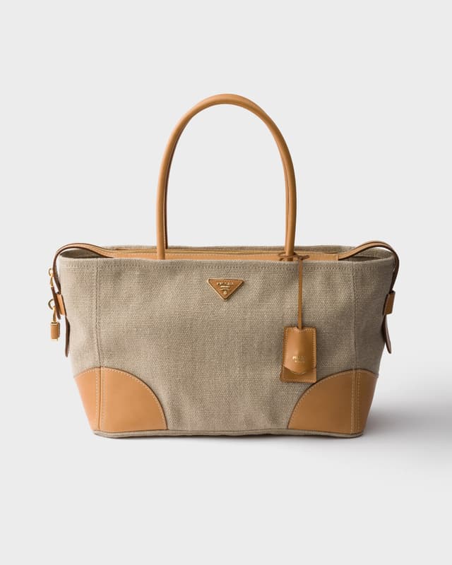 Prada Large linen and leather tote bag