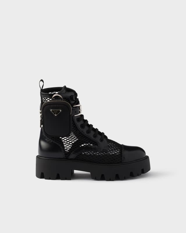 Prada Mesh fabric and brushed leather booties with pouch