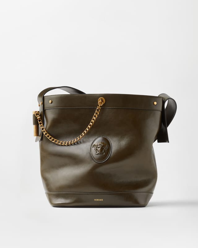 Versace pivot large leather bucket bag